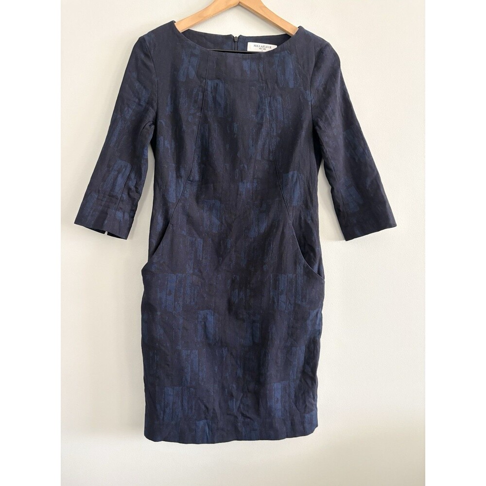 MM LaFleur Etsuko Dress Brush Jacquard Blue Black Sheath Size 6 Pockets Career